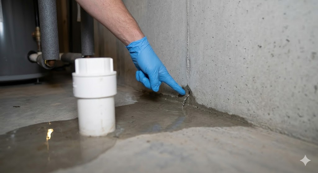 A Findlay Creek homeowner points out where heavy rain is saturating the soil and forcing water through the modern basement foundation seam, which is a common drainage limitation in newer developments.