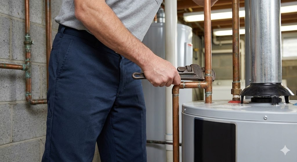 A professional plumber, appearing logo-neutral, conducts standard copper pipe maintenance near a water heater in a Nepean basement utility room, providing reliable local general plumbing service.