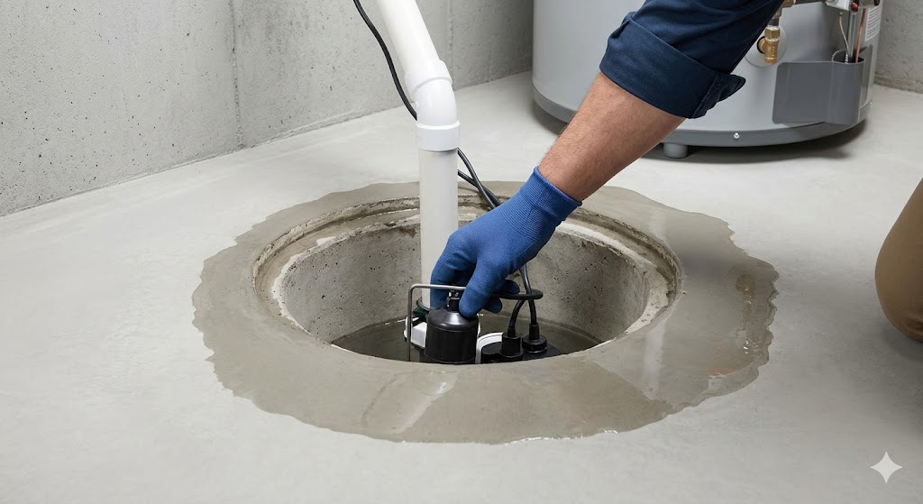 Independent plumber inspecting a sump pump basin for failure during a flooding emergency in Barrhaven, Ottawa.